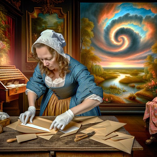 Traditioneel enveloppen vouwen voor verzending in de natuur Persoon in traditionele kleding vouwt en sluit enveloppen aan een rustieke houten tafel, verlicht door een warme gloed.