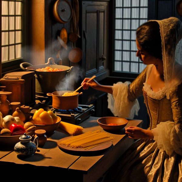 Traditioneel koken in historische Nederlandse keuken: pasta met verse tomatensaus bereiden 17e-eeuwse Nederlandse vrouw bereidt pasta met tomatensaus in een gezellige keuken met houten tafel en gietijzeren fornuis