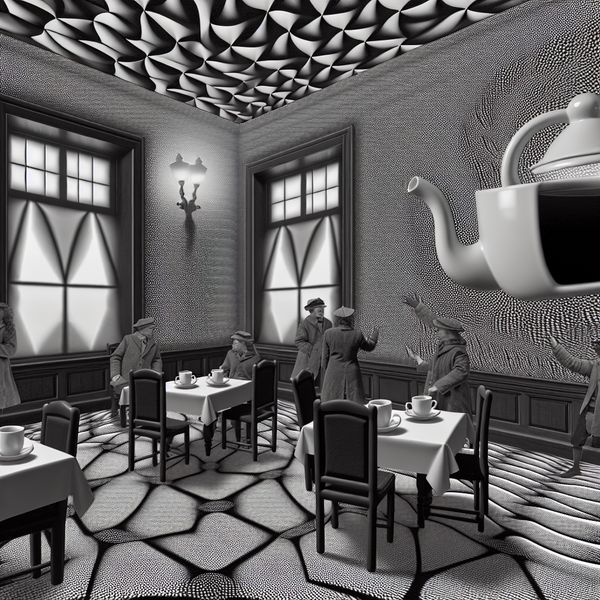 Surrealistisch interieur van een Nederlands café met mensen die communiceren en een duidelijke spraakbubbel met het woord 'u' bevatten