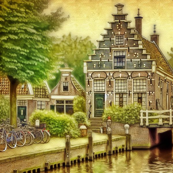 Traditioneel Nederlands Huis aan de Gracht Pittoreske Nederlandse gracht met traditioneel huis, fietsen en groen