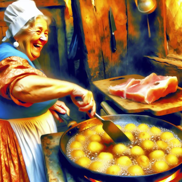 Vrolijke oudere vrouw in traditionele Nederlandse kleding die aardappelen bakt in spekvet in een 17e-eeuwse keuken