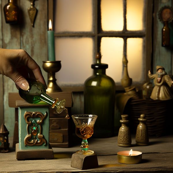 Traditioneel schotje jenever inschenken - Nederlandse drankcultuur Klein glaasje jenever dat wordt ingeschonken uit een klassieke groene fles in een nostalgische Nederlandse kroegsfeer