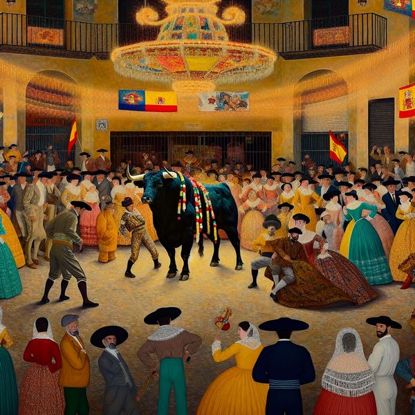 Traditioneel Spaans Festival met Stier Een majestueuze stier versierd met kleurrijke decoraties, omringd door mensen in traditionele kleding tijdens een Spaanse feestelijke viering.