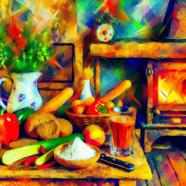 Traditionele Nederlandse keuken met karnemelk en verse ingrediënten Kleurrijk en abstracte afbeelding van een traditionele Nederlandse keuken met ingrediënten, waaronder karnemelk, op een oude houten tafel.