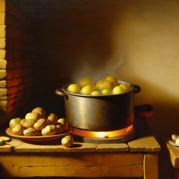 Traditionele aardappelmaaltijd uit Brabant of Limburg - Nederlandse keuken schilderij Gezellige Brabantse keuken met grote ijzeren pot waarin gekookte aardappelen borrelen op een houtkachel, omringd door een eenvoudige maaltijd met groenten en vlees op een houten tafel