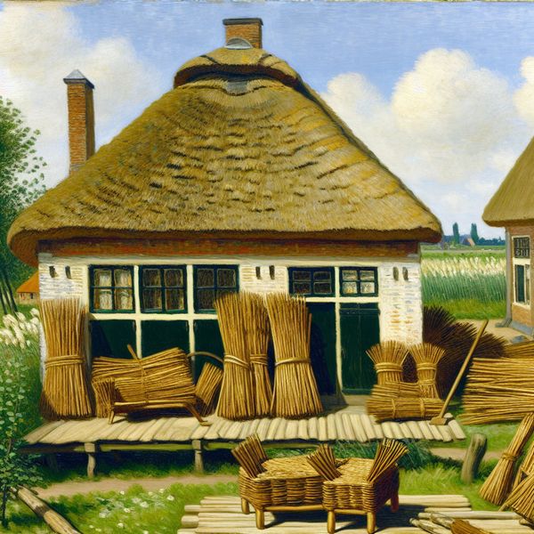 Traditioneel boerderijhuis met een rieten dak en meubels van natuurlijk riet op een houten veranda in een zonnig platteland.