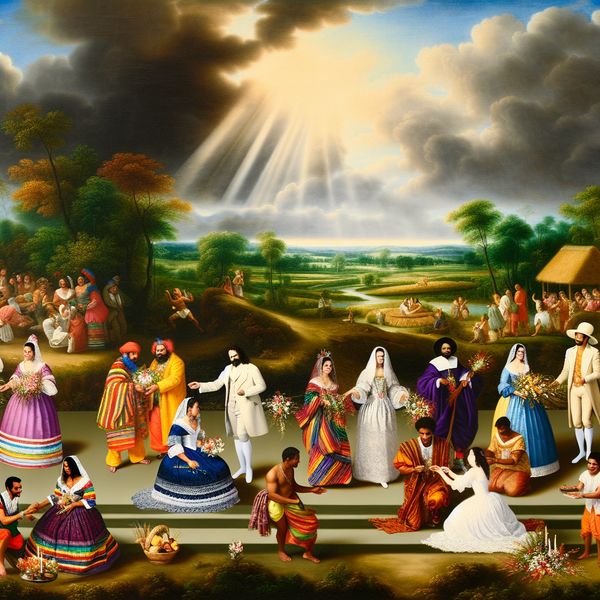 Traditionele Bruiloftscène met Multiculturele Elementen Vibrante bruiloftscene met multiculturele, traditionele kleding en ceremoniële rituelen zoals het uitwisselen van bloemen en dansen.