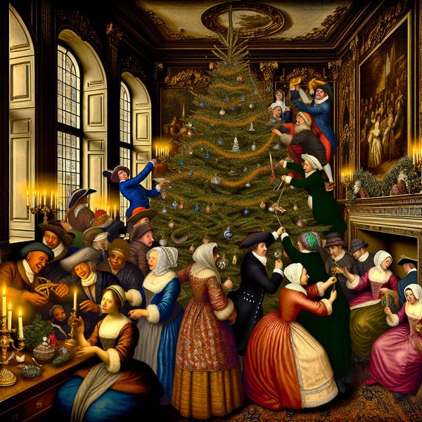 Gezellig familiefeest waarbij leden samen een kerstboom versieren in een luxe interieur.