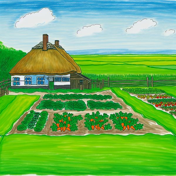 Traditionele hoeve in het platteland met een rieten dak en een groentetuin vol met kleurrijke groenten.