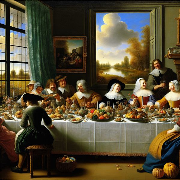 Traditionele Hollandse Gezinsmaaltijd in Landelijke Setting Familie maaltijd tafereel in landelijke eetkamer met Jacob van Ruisdael landschap