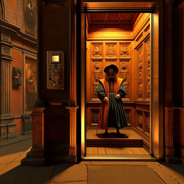 Traditionele lift in historisch gebouw Een traditionele, rijk versierde lift in een historisch gebouw met een figuur in historische kleding.