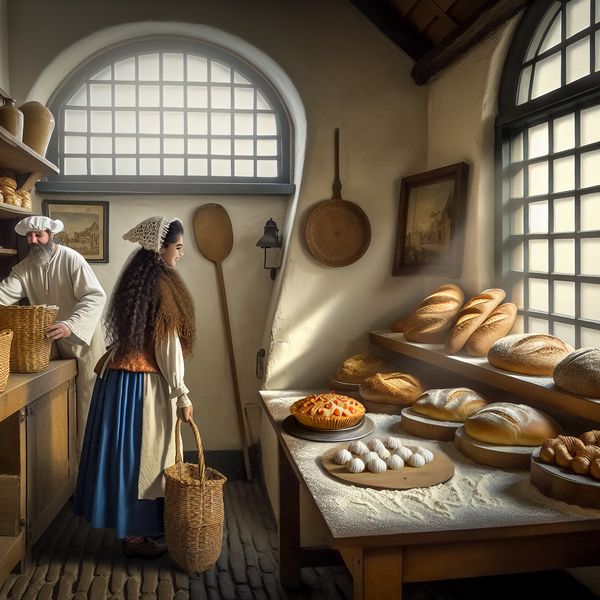 Traditionele Nederlandse bakkerij met versgebakken brood, gebak en appeltaart in de stijl van Johannes Vermeer