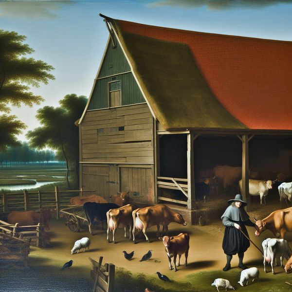 Traditionele 17e-eeuwse Nederlandse boerderij met boer in historische kleding die koeien en kippen verzorgt op een idyllisch platteland