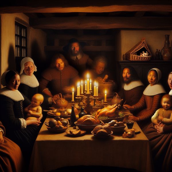 Traditionele Nederlandse Kerstviering in Rembrandt-stijl met familie rond een kaarsverlichte tafel in een 17e-eeuws interieur