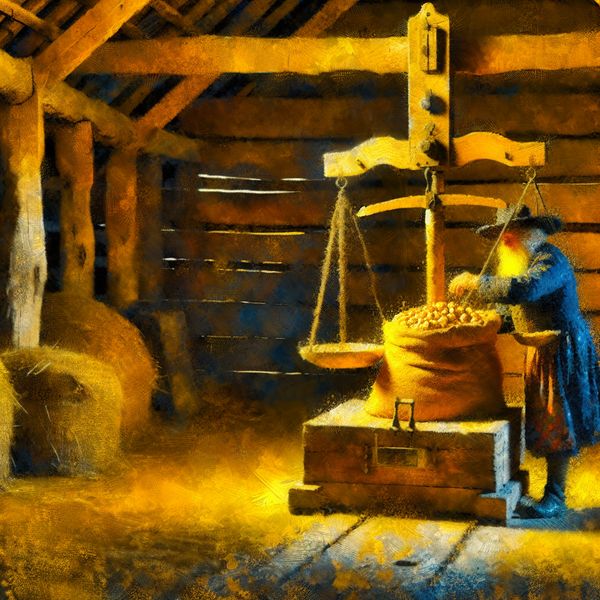 Traditionele Nederlandse weegschaal in historische boerderijscène - dialect en cultuur 19e-eeuwse Nederlandse boer weegt een zak aardappelen op een traditionele weegschaal in een zonnige schuur, Van Gogh-stijl