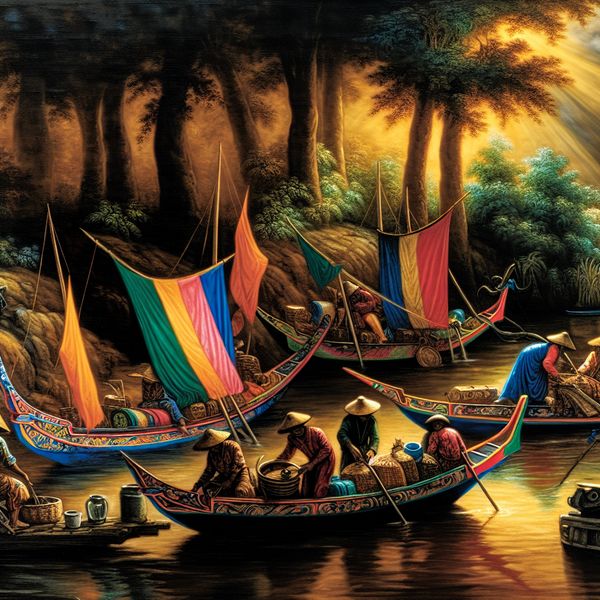 Traditionele prauws glijdend over een tropische delta met vissers die hun vangst lossen