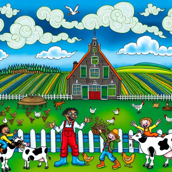 Traditionele Nederlandse Stolpboerderij met Farmdieren Een kleurrijke cartoonillustratie van een traditionele Nederlandse stolpboerderij omringd door groene velden met boerderijdieren zoals koeien en kippen.