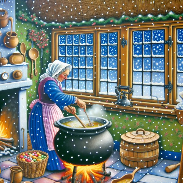 Traditionele winterkeuken met soeppan Een persoon in winterkleding roert in een grote soeppan op een fornuis in een gezellige keuken met sneeuwval buiten.