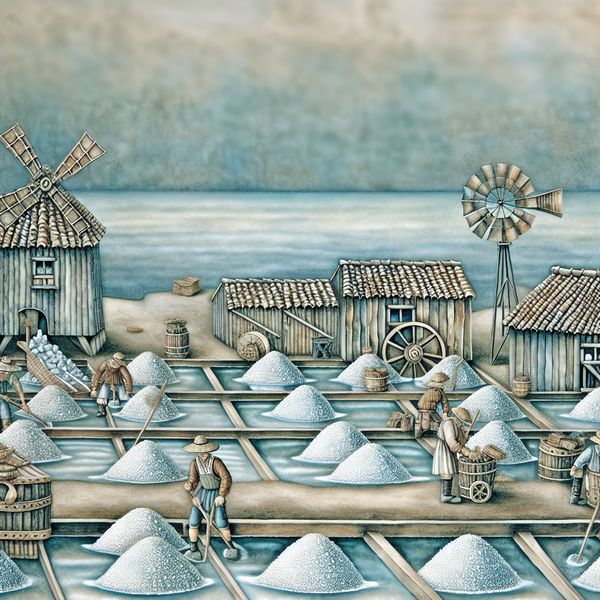 Zoutwinning uit zeewater: traditionele extractie van natuurlijke grondstoffen Ouderwetse zoutwinning aan zee met arbeiders die zout oogsten uit glinsterende poelen, in nostalgische Anton Pieck-stijl