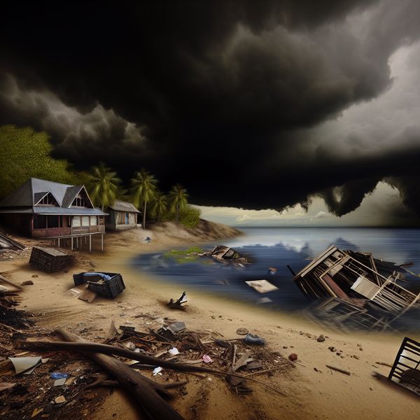 Tragisch ongeval op het strand - Hyper-realistische afbeelding Hyper-realistische afbeelding van een tragisch ongeval op het strand met wrakstukken, een deels ondergelopen strandhuis en donkere stormachtige wolken.