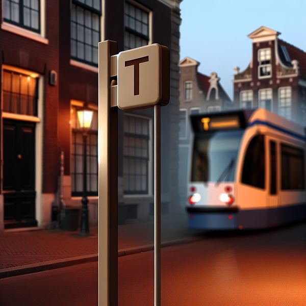 Stil straattafereel met een tramhaltebord met de letter 'T' als afkorting voor tram, in warme ochtend- of avondschemering