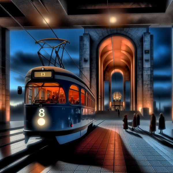 Tramlijn 8 bij schemer: surrealistische voorstelling van openbaar vervoer in stedelijke setting Hyperrealistische surrealistische voorstelling van tramlijn 8 bij schemering, met een vintage tram die aankomt bij een monumentale halte in een verlaten stedelijke omgeving