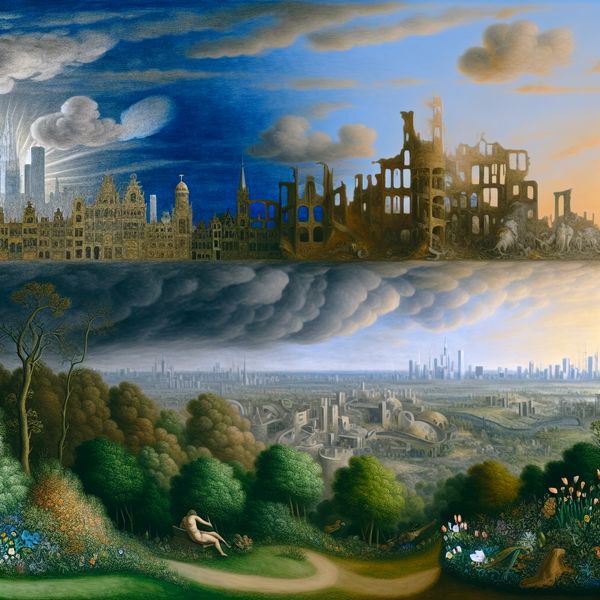 Transformatie van een Stadslandschap: Van Modern naar Vervallen Een dramatisch stadslandschap dat de transformatie van een stad toont, met een levendige skyline die overgaat in een vervallen stedelijke omgeving.