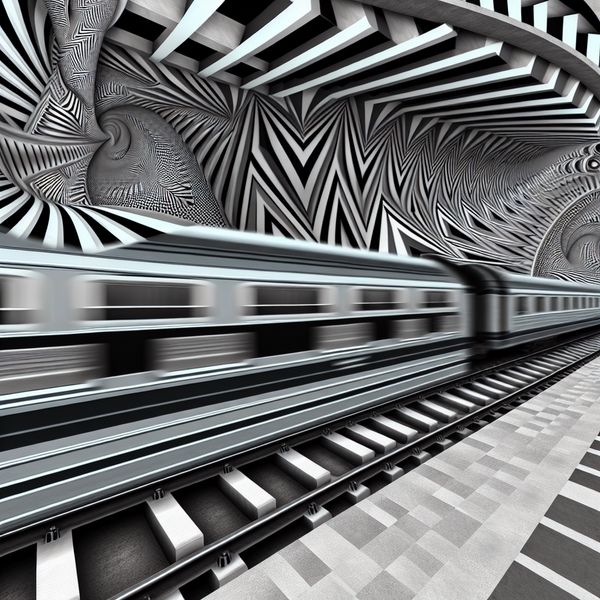 Surrealistische trein in beweging langs een platform in M.C. Escher-stijl met optische illusies en onmogelijke constructies