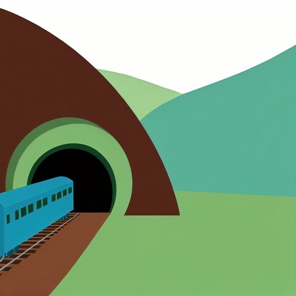 Trein door tunnel - beweging en ondergrondse doorgang illustratie voor taalonderwijs Minimalistische illustratie van een helderblauwe trein die door een donkere tunnel in een bruine berg rijdt, in de stijl van Dick Bruna
