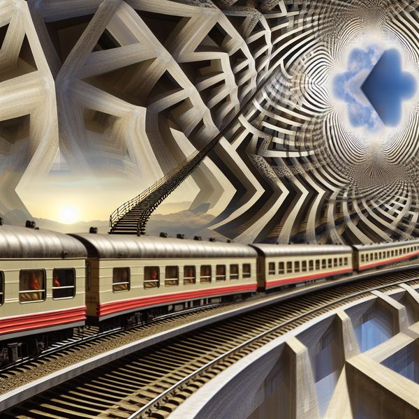 Trein passeert surrealistische tunnel met optische illusies en geometrische patronen Surrealistische trein die door een onmogelijke tunnel met Escher-achtige patronen passeert, illustrerend het concept van verplaatsing langs een route