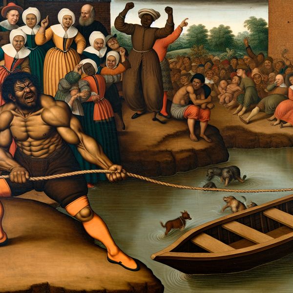 17e-eeuwse Nederlandse scène van een gespierde man die met volle kracht aan een touw trekt om een houten boot naar de oever te halen, omringd door een levendig publiek van dorpelingen
