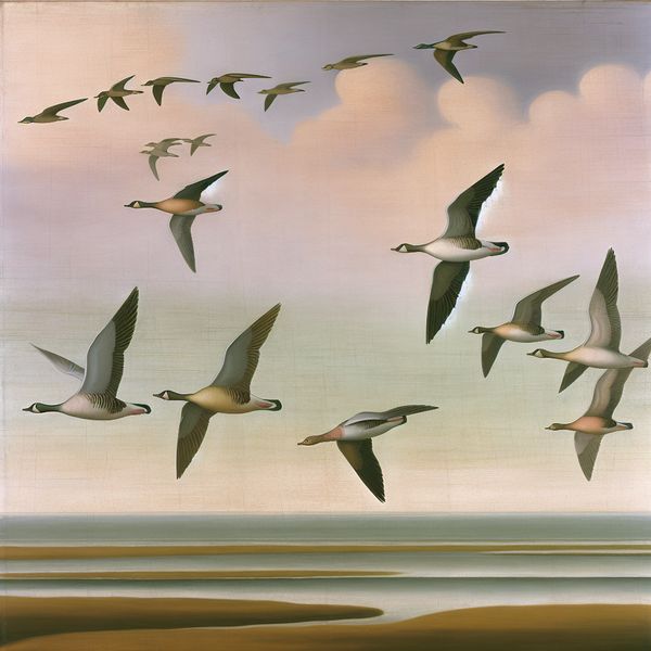 Schilderij van trekvogels in V-formatie tijdens migratie, geïnspireerd op Gerard ter Borch