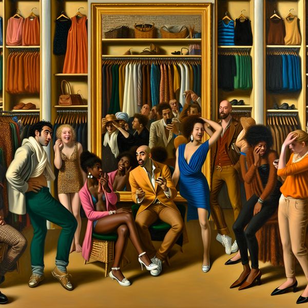 Een levendige en humoristische scène in een modewinkel met een diverse groep trendy jonge volwassenen die zichzelf bewonderen in een grote spiegel.