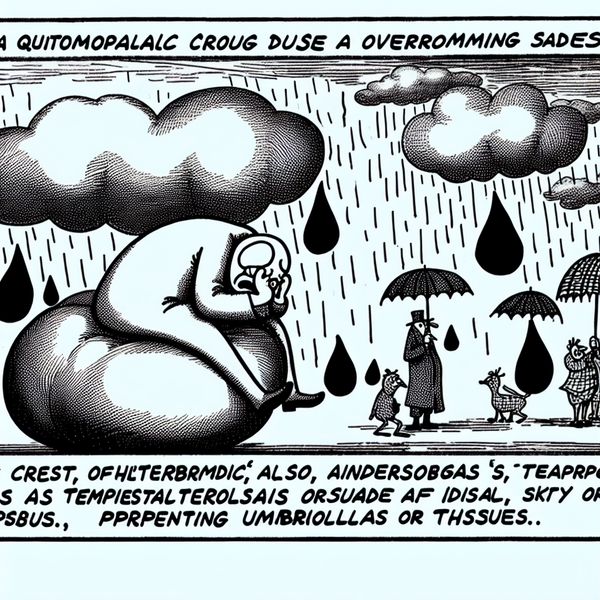Treurig Cartoonfiguur Op Wolk Met Tranende Aanzichten Een cartoonfiguur op een grote wolk, omringd door grote tranen die vallen als regen, met een treurig gezicht terwijl cartoondieren hulp aanbieden.