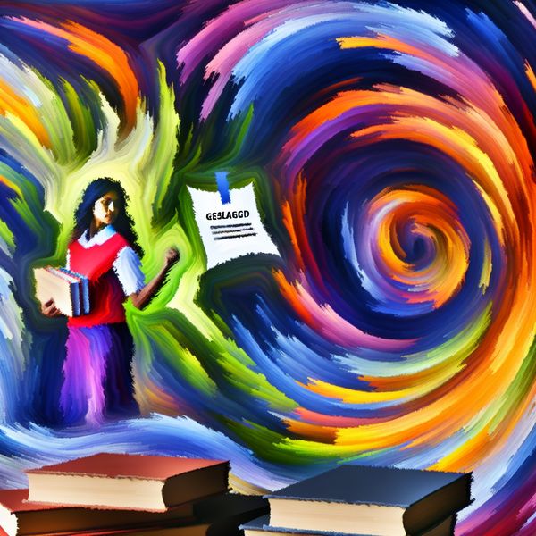 Triomf van Studeren in Karel Appel-stijl Abstracte Kunst Abstract kunstwerk van een student die triomfantelijk een papier met 'Geslaagd' vasthoudt