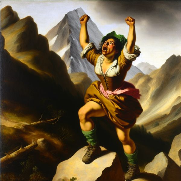Opluchting na inspanning: triomfantelijke klimmer roept 'Joe!' op bergtop Vrolijke klimmer op bergtop met armen omhoog, roept 'Joe!' uit opluchting na zware beklimming