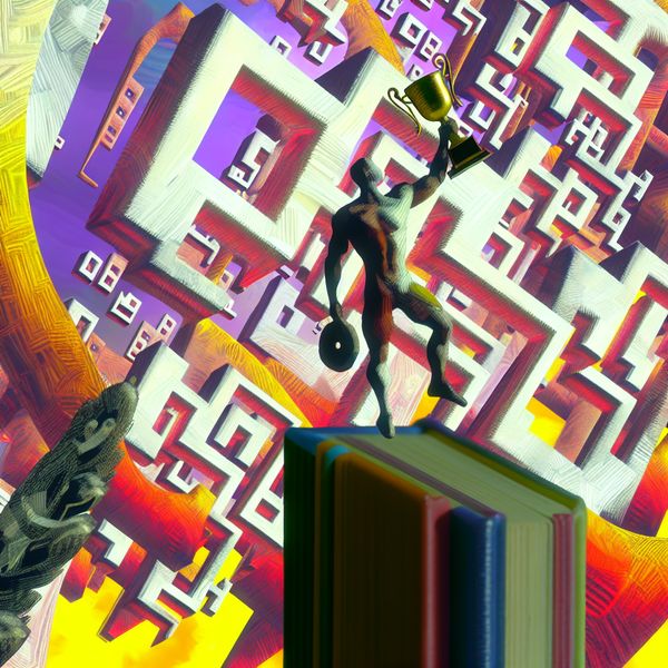 Triomferende atleet in surrealistisch landschap Artistieke weergave van een beroemde atleet die triomfantelijk op een voetstuk staat in een surrealistisch landschap vol geometrische vormen.