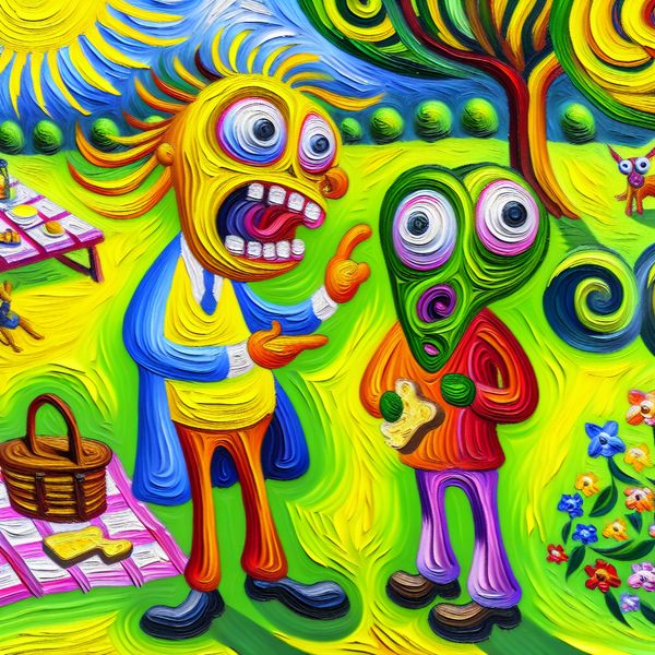 Triviale conversatie in een zonnig park met animatiefiguren Twee animatiefiguren in een zonnig park bespreken een onbelangrijk onderwerp naast een kleurrijke picknick.