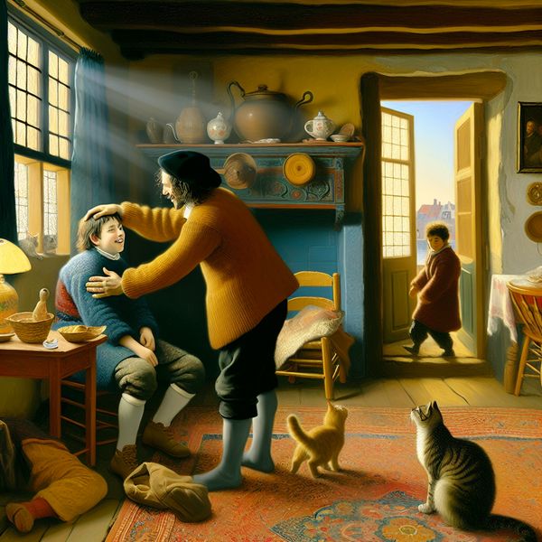 Troosten en liefdevolle aanraking in een gezinsscene Een ouder die liefdevol het hoofd van hun kind streelt in een gezellige woonkamer vol leven.