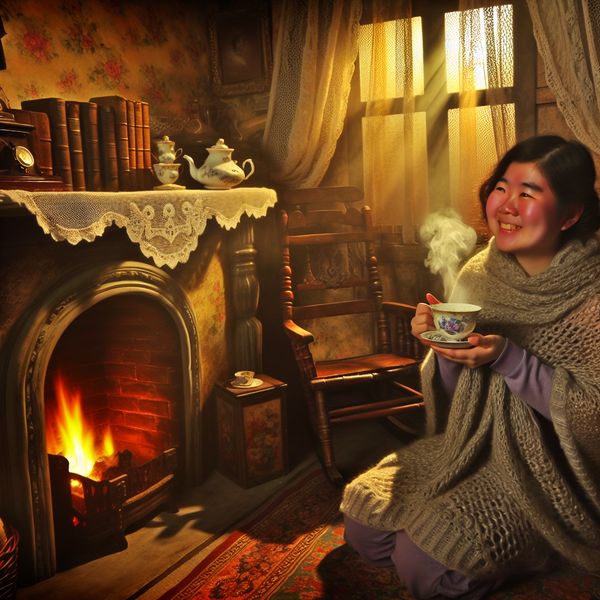 Troostende warmte bij de haard: gezelligheid en emotioneel welzijn in nostalgische sfeer Persoon geniet van troostende warmte bij een knapperend haardvuur met een kopje thee in een nostalgische woonkamer