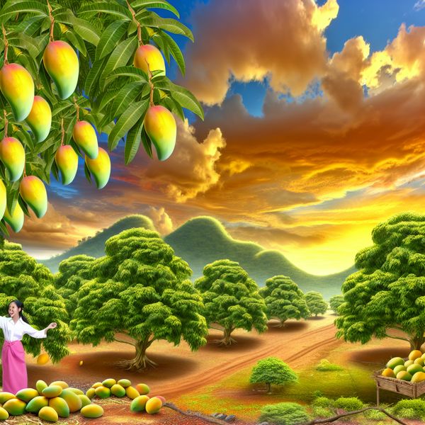 Pittoresk tropisch landschap met een mango-plantage bij zonsopgang, waar een persoon vrolijk mango's plukt.