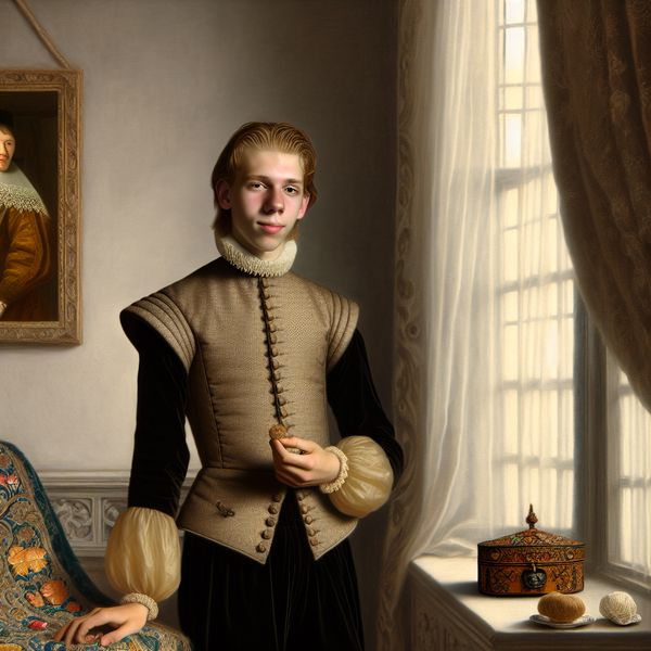 Trots op afkomst: Interieur Scene met jonge man Een jonge man in elegante kleding staat trots naast een raam, terwijl natuurlijk licht op hem valt. Hij houdt een kleine, versierde doos in één hand en zijn andere hand steunt op een prachtig geborduurd stuk stof op een tafel.