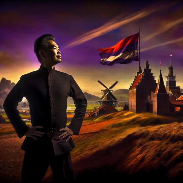 Trots op mijn geboorteland: Een culturele identiteit op een heuveltop Een trotse persoon in traditionele kledij staat op een heuveltop en kijkt uit over een uitgestrekt landschap dat hun geboorteland vertegenwoordigt.