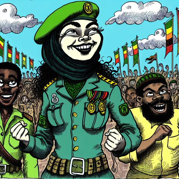 Trots soldaat met groene baret op militaire parade Cartoon van een trotse soldaat met een groene baret, die glimlacht tijdens een militaire parade.
