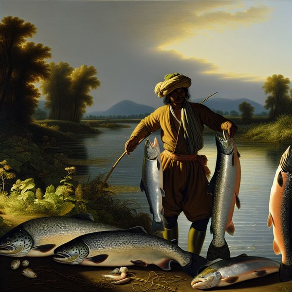 Trots visser met indrukwekkende vangst aan een rustige rivier Trots visser aan de oever van een rustige rivier met grote zalm en forel in zijn handen