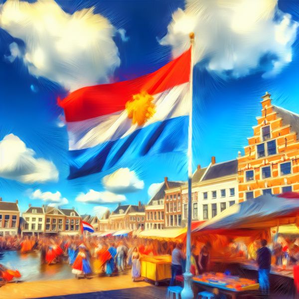 Trots wapperende vlag boven levendig stadsplein Een trots wapperende vlag boven een levendig stadsplein met mensen die genieten van een zonnige dag.