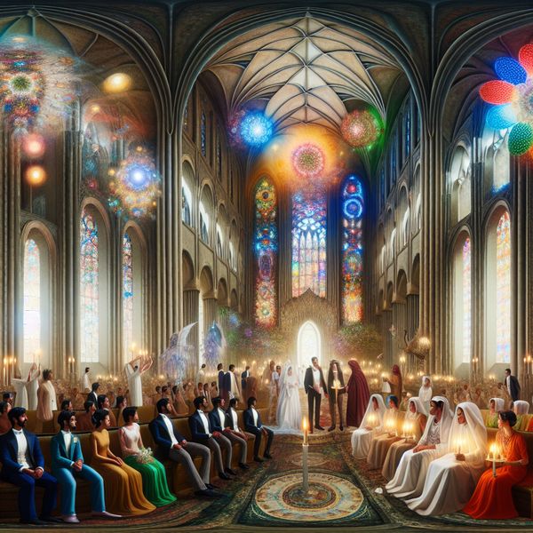 Trouwceremonie in een grandioze kerk met surrealistische elementen Een serene trouwceremonie in een prachtige kerk met hoge bogen en kleurrijke glas-in-loodramen, met een stralend bruidspaar en vrolijke gasten.