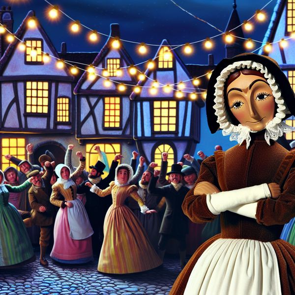 Truttige vrouw plagen bij dorpsfeest - Nederlandse uitdrukking en cultuur Vrolijke dorpsdans met een preutse vrouw die afkeurend toekijkt, nostalgische stijl van Anton Pieck