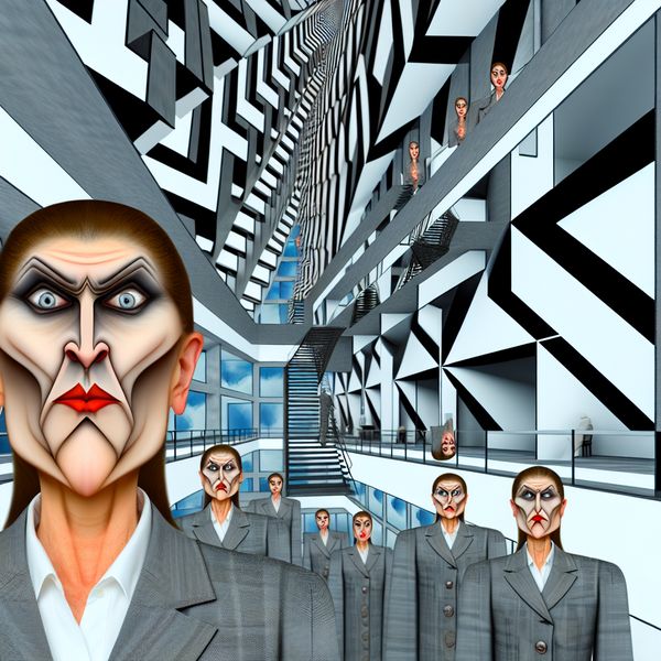 Optische illusie kantoorconflict: scheldwoord 'trut' in Escher-stijl Surrealistische kantoorscène in de stijl van M.C. Escher met een onaardige vrouw omringd door optische illusies en afkeurende collega's, symbool voor het scheldwoord 'trut'