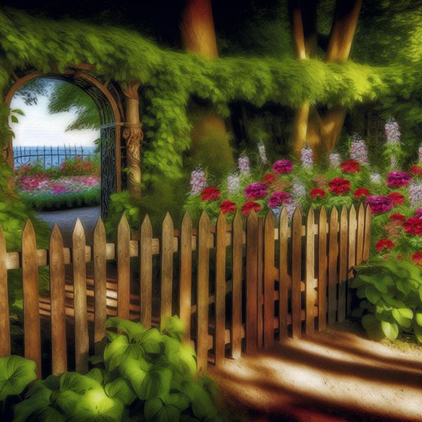 Idyllische tuin omheind door houten hek in Rembrandt-stijl Een schilderachtige tuin omringd door een rustieke houten omheining vol met kleurrijke bloemen en weelderig groen.